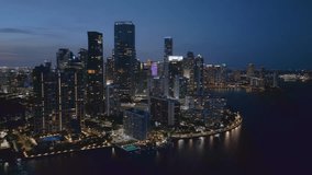 Aerial view of Brickell skyscrapers, Miami financial district skyline at dusk
