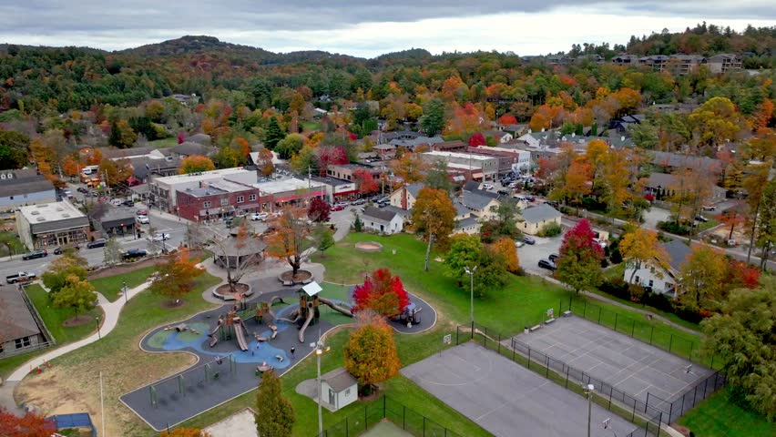 blowing rock aerial push in over blowing rock park in blowing rock nc, north carolina, small town america in fall with autumn leaves
