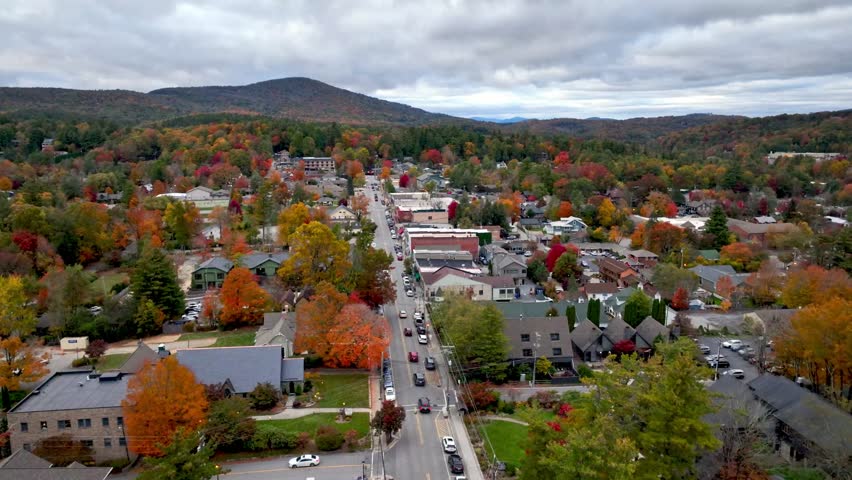 high aerial push in to blowing rock nc, north carolina in autumn