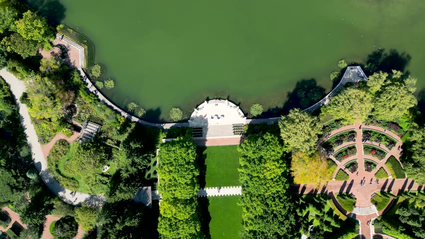 High resolution 4K beautiful drone aerial panoramic Video of the famous Chicago Botanical Gardens during a sunny beautiful day- USA