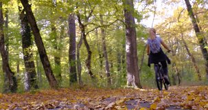 Defocused video - focus on the fallen autumn leaves in the park, a bicycle passed through the foliage. Low angle shooting