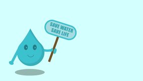 Animated illustration of water cartoon character for the theme of reduce water, save water, save the earth campaign, etc. Suitable for use in presentations or as assets related to water save theme 4k.
