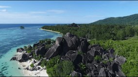 Aerial video of the famous La Digue beach in Seychelles