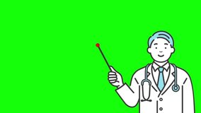 A male doctor holding an instruction stick and explaining. (chroma key, green back) 