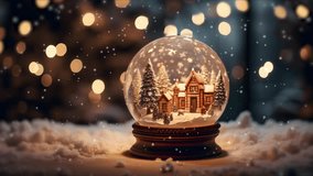 The snow globe with house model and christmas tree inside. Christmas themed background