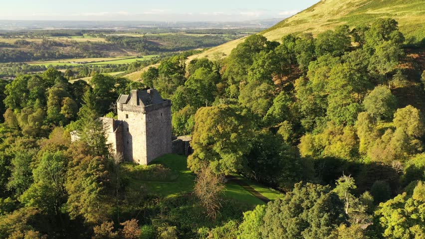 Aerial of medieval Castle Campbell above the town of Dollar, Clackmannanshire, Scotland, United Kingdom, Europe