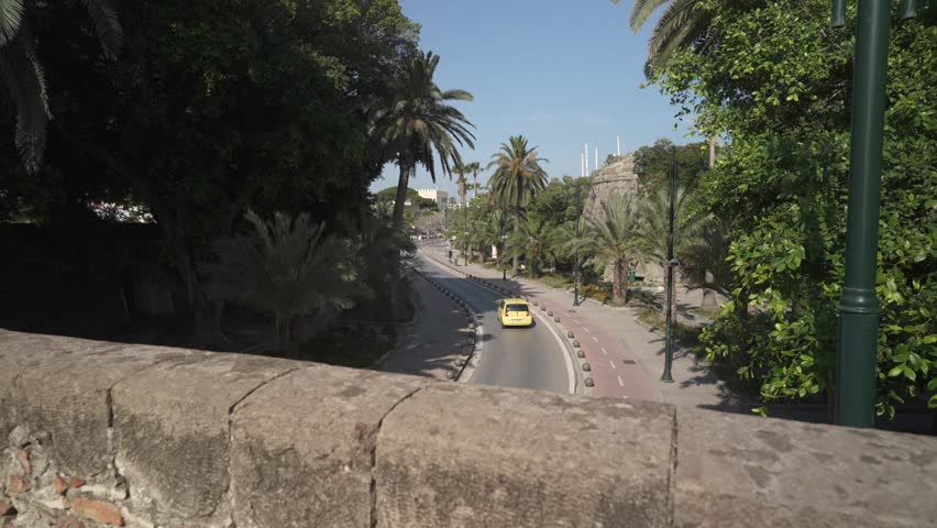 Viale delle Palme from bridge leading to Neratzia Castle entrance, Kos Town, Kos, Dodecanese, Greek Islands, Greece, Europe