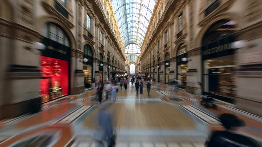 Hyperlapse shot walking through the historic Gallery of Vittorio Emanuele II at Piazza del Duomo in Milan, Italy. Royalty-Free Stock Footage #1110403695