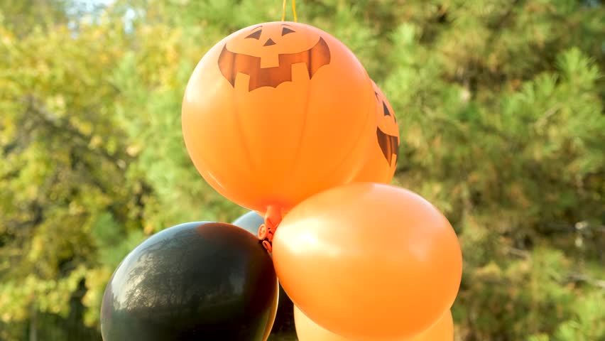 Halloween pumpkin balloons, orange and black in autumn park.