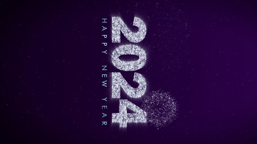 Happy New Year 2024 vertical silver text with colourful fireworks. English greeting. Silver animated letters and numbers on purple background. Royalty-Free Stock Footage #1110405623