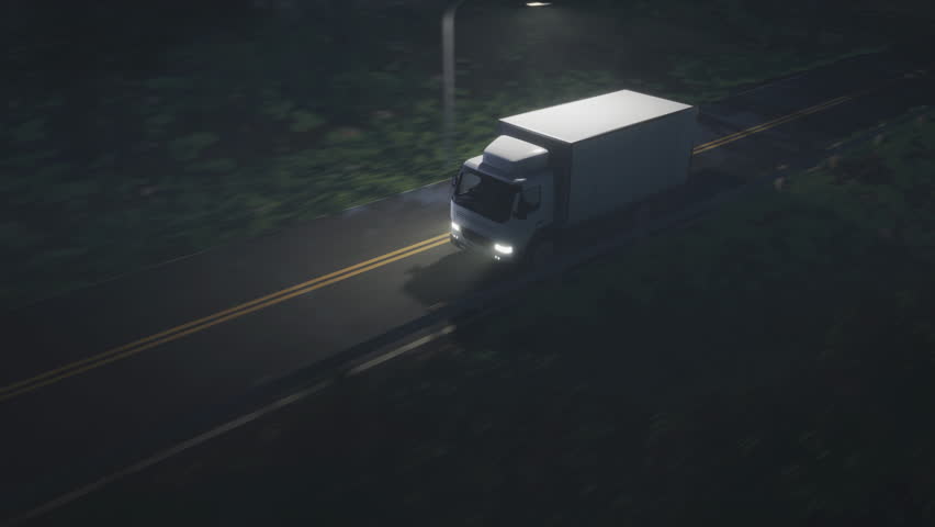 Transport Truck Drives On Night Road Delivering Parcel To Destination. Transport Truck Logistics Service. Vehicle Driving On Roadway. Driving Truck For Goods Transportation. Freight Business Royalty-Free Stock Footage #1110405681