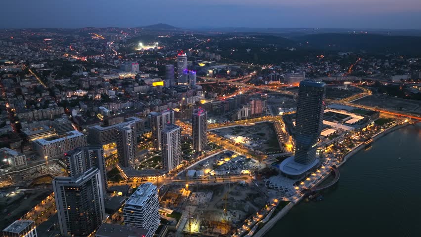 Aerial Drone Night Shot of Belgrade city, Serbia. Capital in Blue Hour and Night time, View from above. Royalty-Free Stock Footage #1110408607