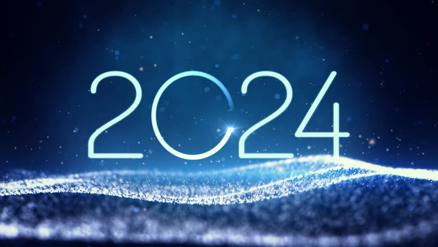 Happy new year 2024 neon animation. Shiny blue gradient numbers 2024 on glittering and sparkling wave. New Year background.