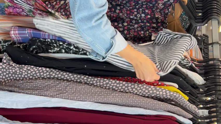 Used clothes, vintage fashion at a flea market. Side view of young woman shopping in thrift store. 