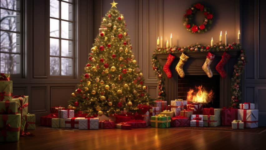 Lighted Christmas tree, variety of gifts, snowy window view. Home celebration setup. Royalty-Free Stock Footage #1110411901