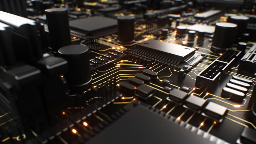 Circuit Board Black Color with Gold Tracks and Running Electrons Seamless Close-up Illustration. Abstract Modern Computer Mainboard Working CPU Loop 3d Animation Digital Technology Concept 4k. | Shutterstock HD Video #1110412555