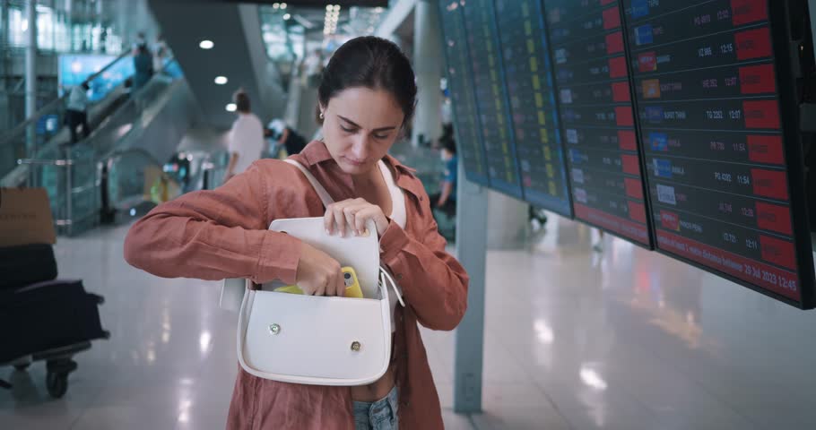 woman in airport terminal standing in front of the airline time schedule board and checking out your departure time. young woman well dress holding smartphone studying flight schedule board Royalty-Free Stock Footage #1110413441