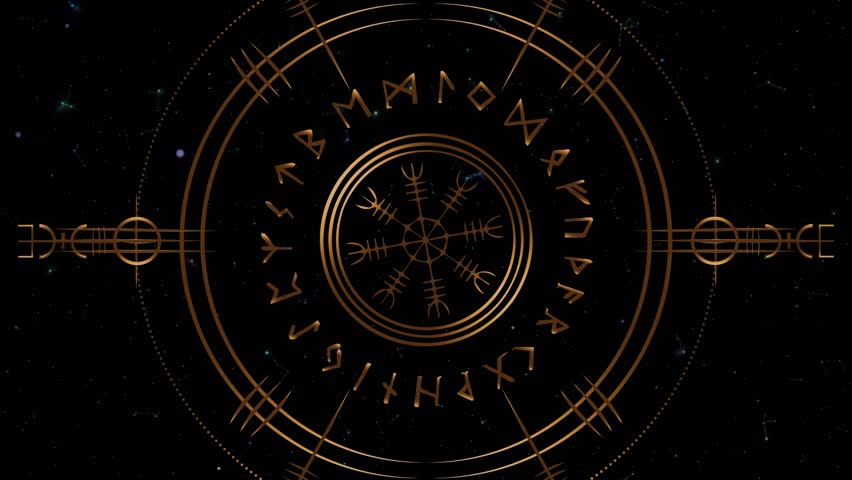 Video Viking Pagan Asatru Runic Compass, Vegvisir Rune Circle Viking in motion. Norse Mythology Golden Protective talisman. Magical Navigator footage on the galaxy space