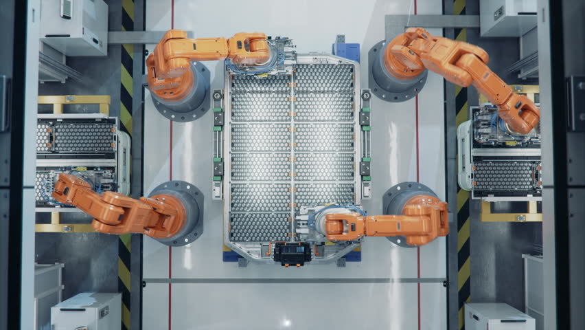 Time-lapse of EV Battery Pack for Automotive Industry Assembled on Production Line with Orange Robotic Arms. Battery Automated Manufacturing Line Equipped with Robot Arms. Electric Car Smart Factory