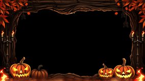 looped cartoon halloween video frame with pumpkins and ornaments suitable for editing with alpha channel transparency