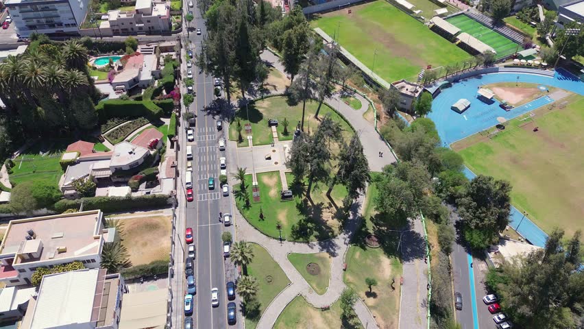 Aerial view of a park in Arequipa, Peru, scenic Latin America landscape