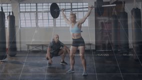 Animation of data processing over caucasian woman lifting weights. Global sports, computing, digital interface and data processing concept digitally generated video.