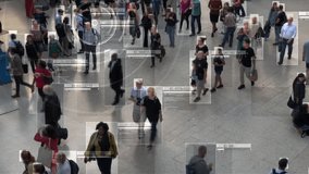 
High view of Commuters Walking. Security Camera Surveillance Footage Face Scanning of  Crowd of People Walking on Airport or Station. Artificial intelligence. Deep learning. Suspect Found.
 - Powered by Shutterstock - Get 15% off with code: PIKWIZARD15