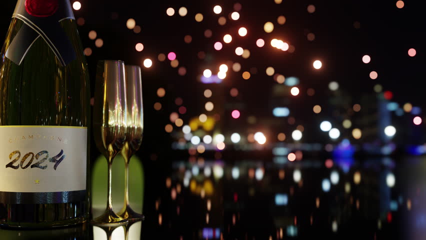 2024 Champagne Bottle and Golden Glasses with glowing city lights background, luxury New Year's Eve Concept  3d rendering Royalty-Free Stock Footage #1110429933