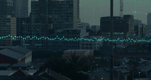 Animation of financial data processing over cityscape. Global computing, digital interface and data processing concept digitally generated video.