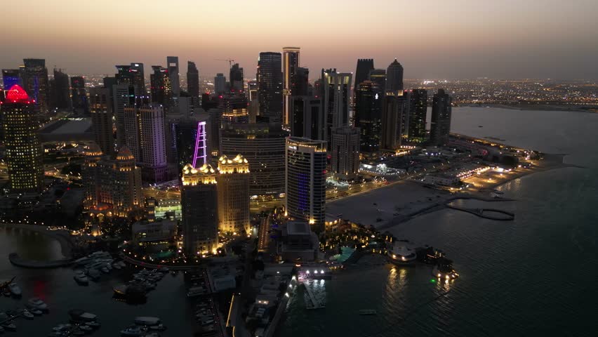 Night aerial view of The West Bay area of Doha (Ad-Dauha), capital of Qatar