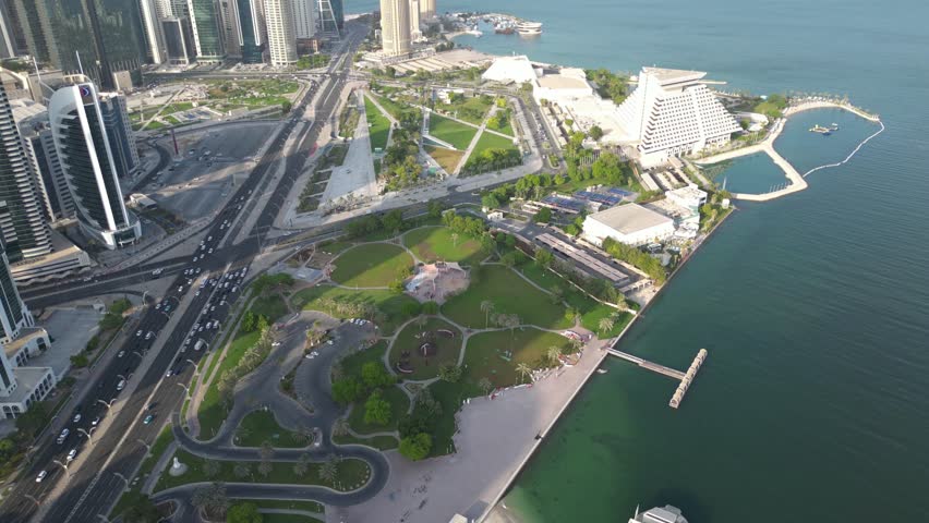 Aerial view of Al Dafna Park in West Bay, Doha, Qatar Royalty-Free Stock Footage #1110430093