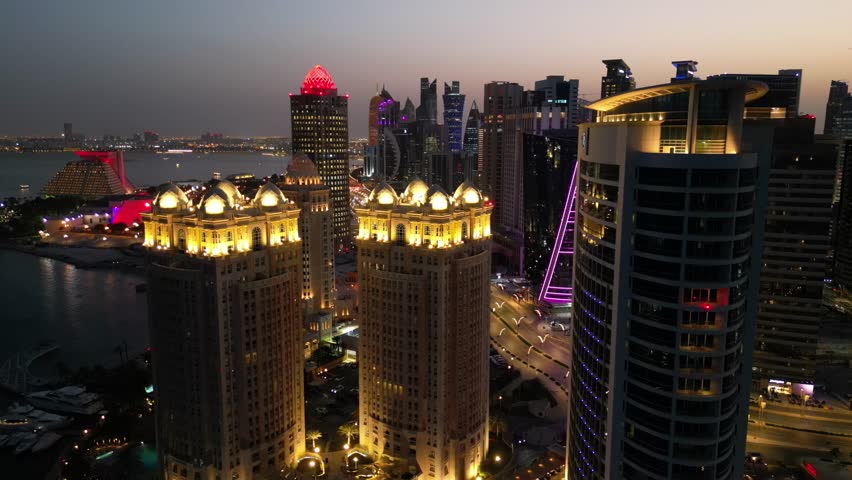Architecture of The West Bay area of Doha (Ad-Dauha) at night, capital of Qatar
