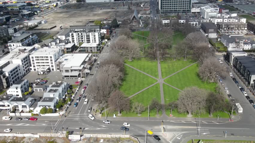 Aerial over Latimer Square and Transitional Cathedral in Christchurch city, New Zealand.