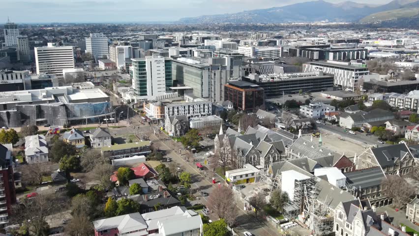 Christchurch aerial cityscape of historic buildings, museum, art gallery and university.
