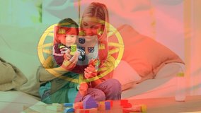 Composite video of waving portugal flag against caucasian mother playing with her son at home. Patriotism and motherhood concept