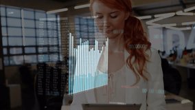 Animation of statistical data processing against portrait of caucasian woman smiling at office. Computer interface and business data technology concept - Powered by Shutterstock - Get 15% off with code: PIKWIZARD15