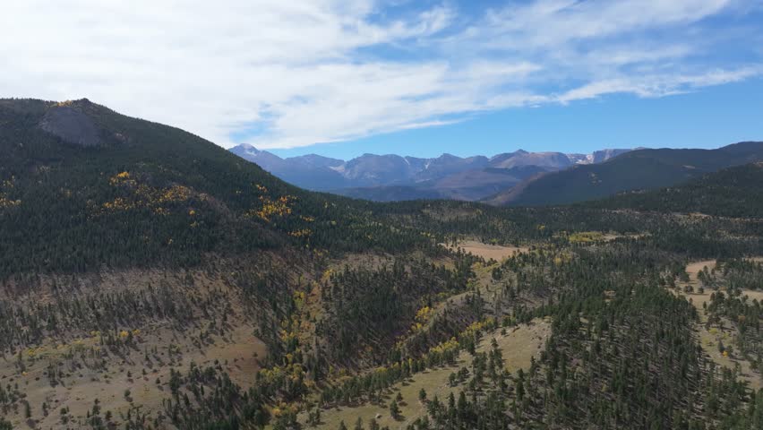 Aerial pull back from beautiful mountain scenery of Rocky Mountain National Park, Colorado.