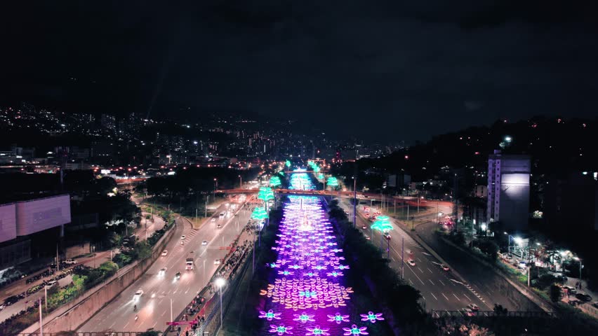 Medellin City Night Christmas Aerial