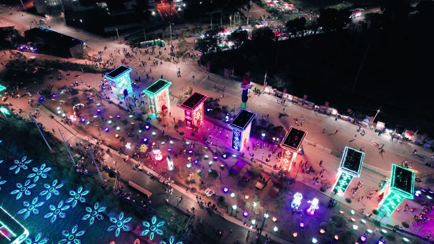 Medellin City Night Christmas Aerial