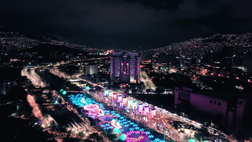 Medellin City Night Christmas Aerial