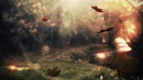 Animation of happy thanksgiving text banner over maple leaves falling against forest park. Thanksgiving and fall season concept - Powered by Shutterstock - Get 15% off with code: PIKWIZARD15