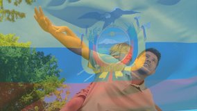 Composite video of waving ecuador flag against caucasian father carrying son on his back in the park. Patriotism and fatherhood concept