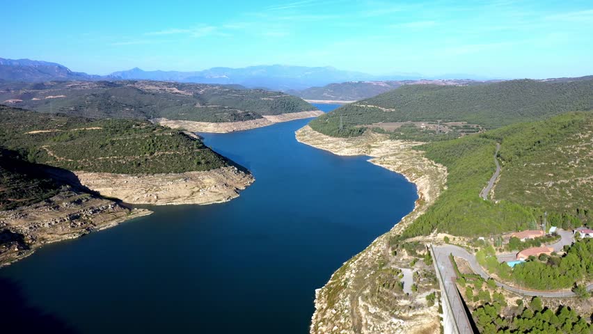 Hydroelectric Dam Reservoir in Catalonia, Spain, Aerial View Sunny Day Royalty-Free Stock Footage #1110444449