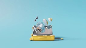 3D animation footage. Flying travel accessories on pastel blue background - Powered by Shutterstock - Get 15% off with code: PIKWIZARD15