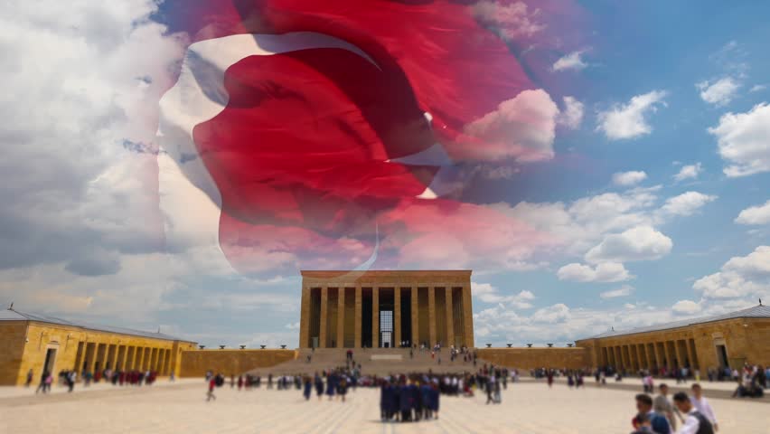 10 kasim or 10th november memorial day of Ataturk concept 4k video. Anitkabir and waving Turkish Flag. Noise effect included.