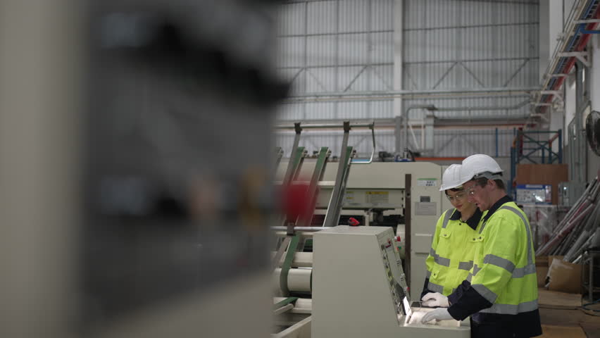 Blue collar worker and cardboard package factory. Blue collar worker and factory concept.