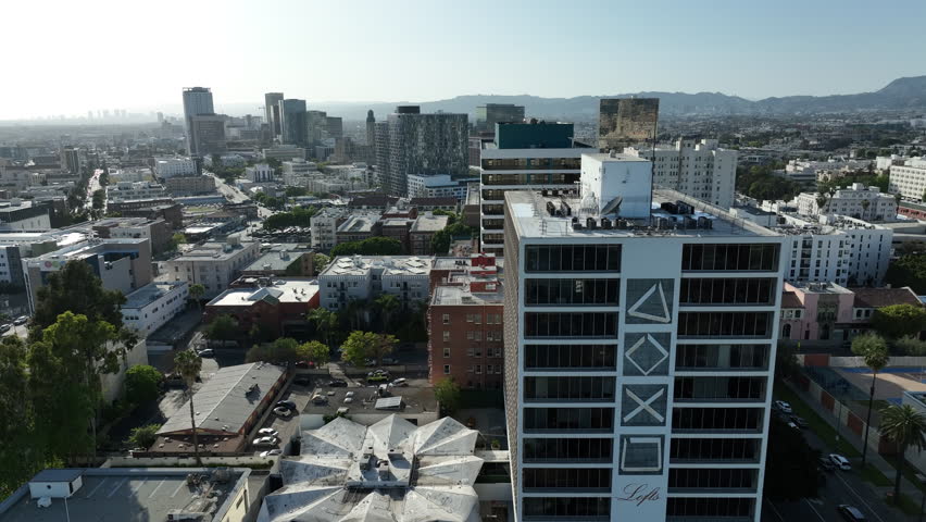 Los Angeles Wilshire Center from MacArthur Park Aerial Shot Back in California USA
