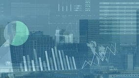 Animation of infographic interface over modern cityscape against sky. Digital composite, multiple exposure, report, business, progress, growth, global, buildings and architecture concept. - Powered by Shutterstock - Get 15% off with code: PIKWIZARD15