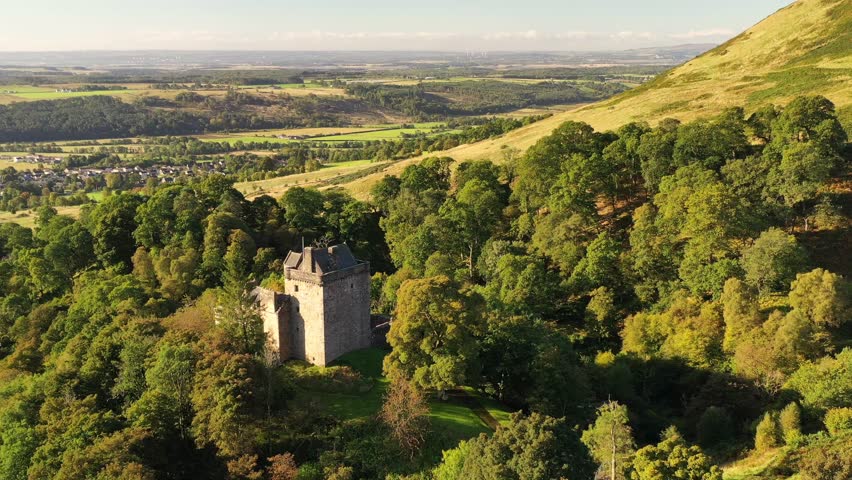 Aerial of medieval Castle Campbell above the town of Dollar, Clackmannanshire, Scotland, United Kingdom, Europe