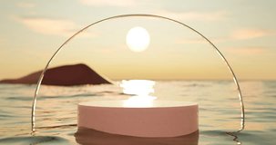 White podium on wave beach and sunset sky abstract background. Copy space for product presentation. 3d render.	